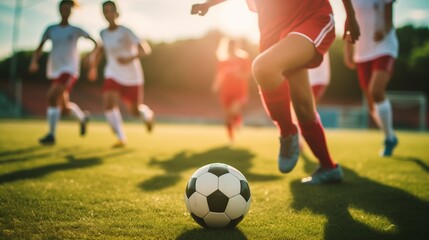Soccer players competing on a grass field