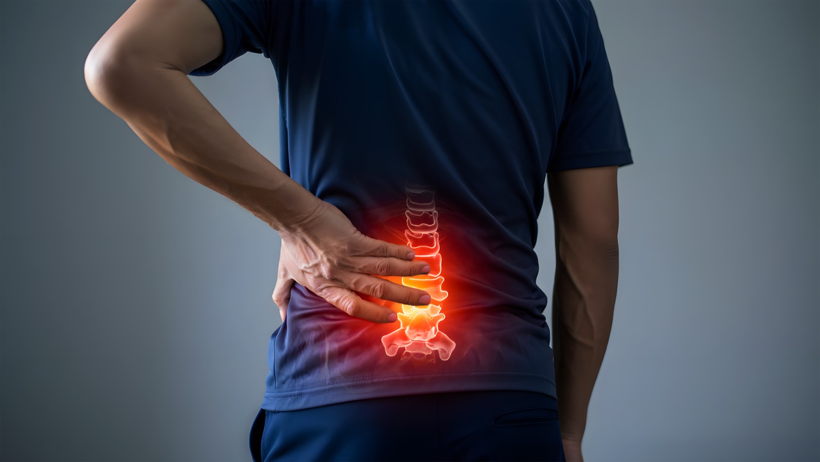 Person holding their lower back, with the lumbar spine highlighted